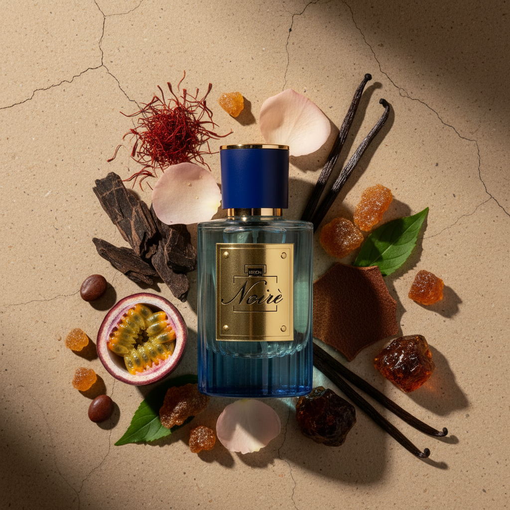 Noiré N.803 - Oud Maracujá con sfondo muro sabbia e note olfattive