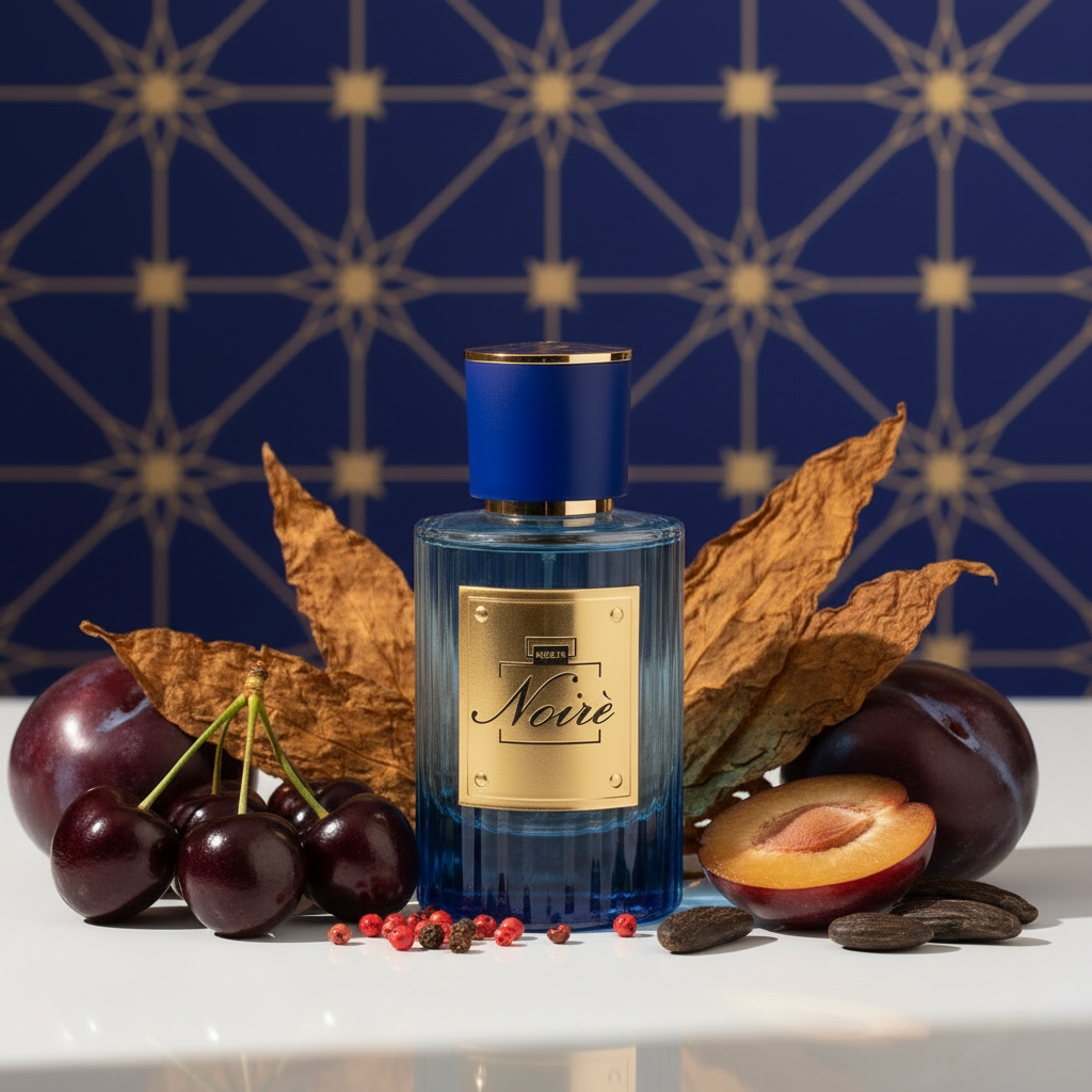Profumo Noiré con ingredienti e stelle geometriche