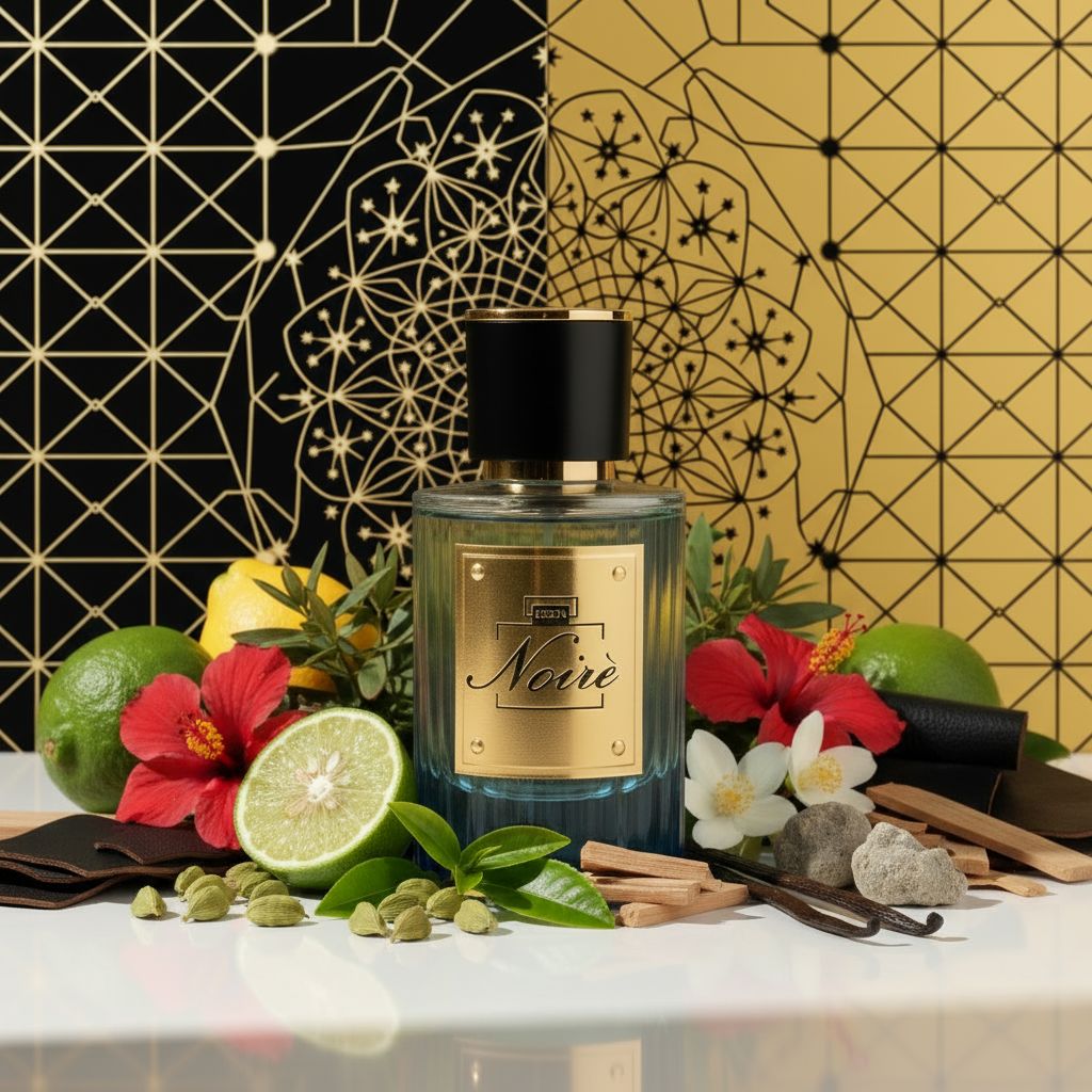 Profumo Noiré con ingredienti su sfondo nero oro