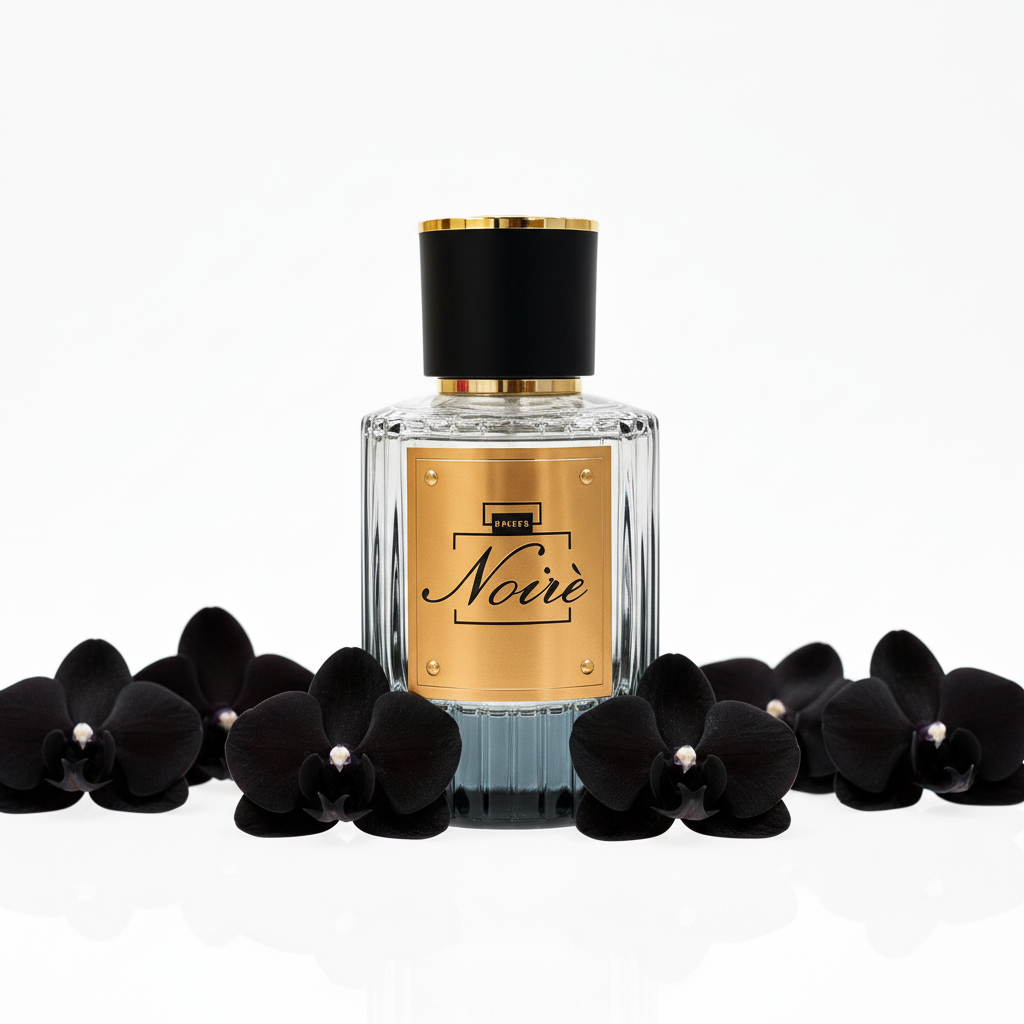 Profumo Noiré orchidea nera sfondo bianco