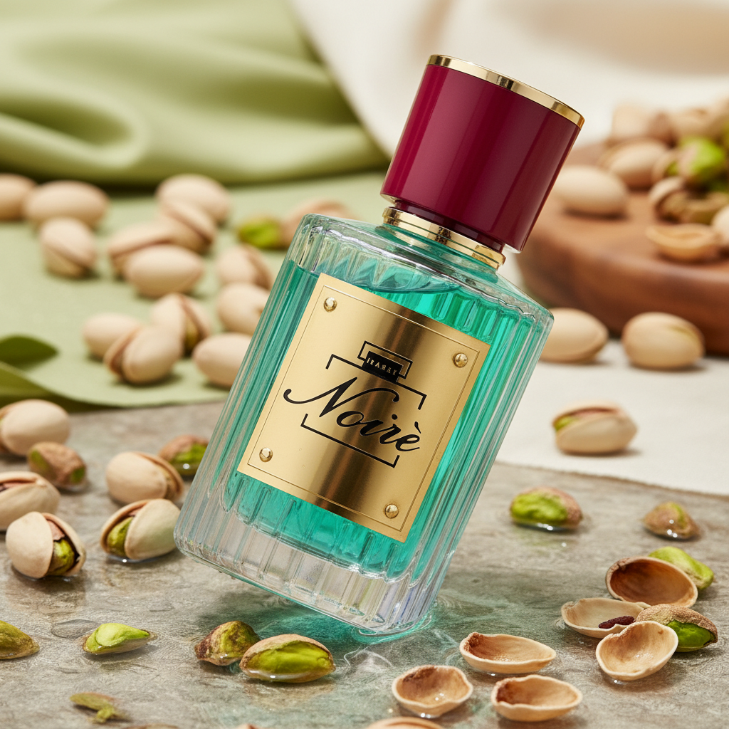 Profumo Noiré rosso con liquido verde acqua e pistacchi
