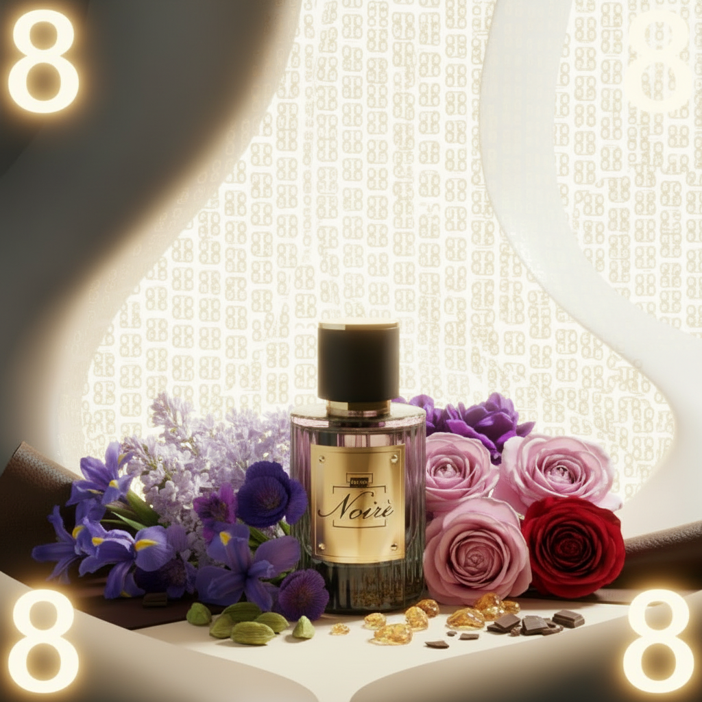 Profumo Noiré luminoso con 8 negli angoli