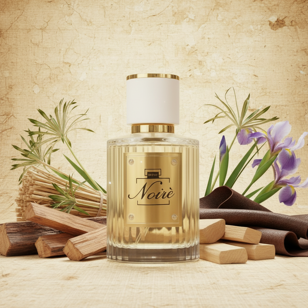 Profumo Noiré con sfondo papiro antico